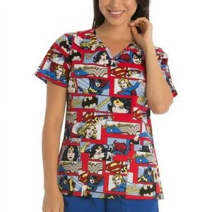 DC Comics Girl Power Women's Printed V-Neck Scrub Top
